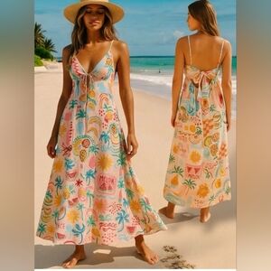 Sundress Boho Maxi Island Tropical Fruit Novelty Linen Resort Small
